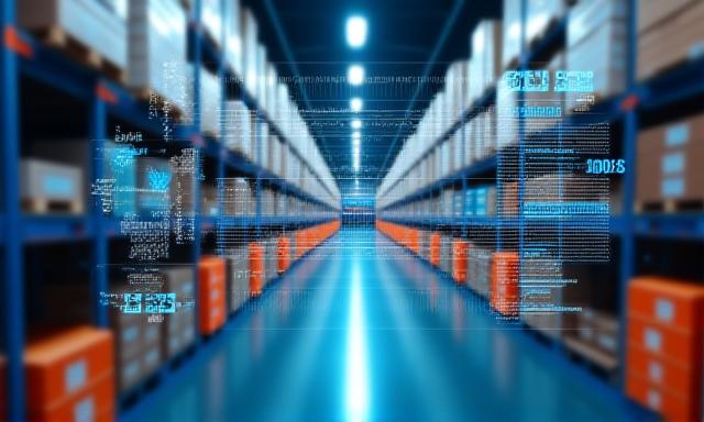 Retail warehouse with organized inventory and digital overlay