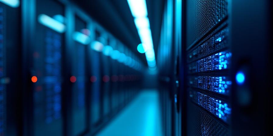 Close up of a secure encrypted server with blue light indicators